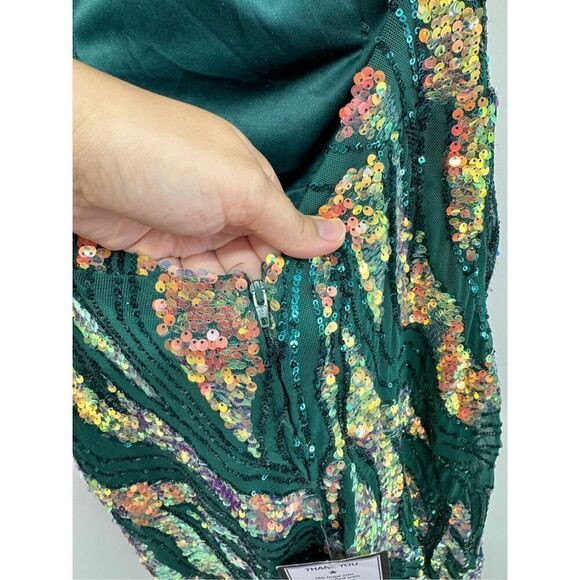 City Studio Dress‎ Juniors' Sequin One-Shoulder Slit Gown Size 8 Green Gold NWT - Picture 10 of 12